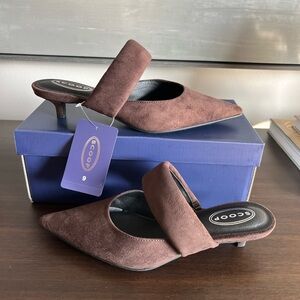 Scoop Brown Suede Pointed Mule with Low Kitten Heel